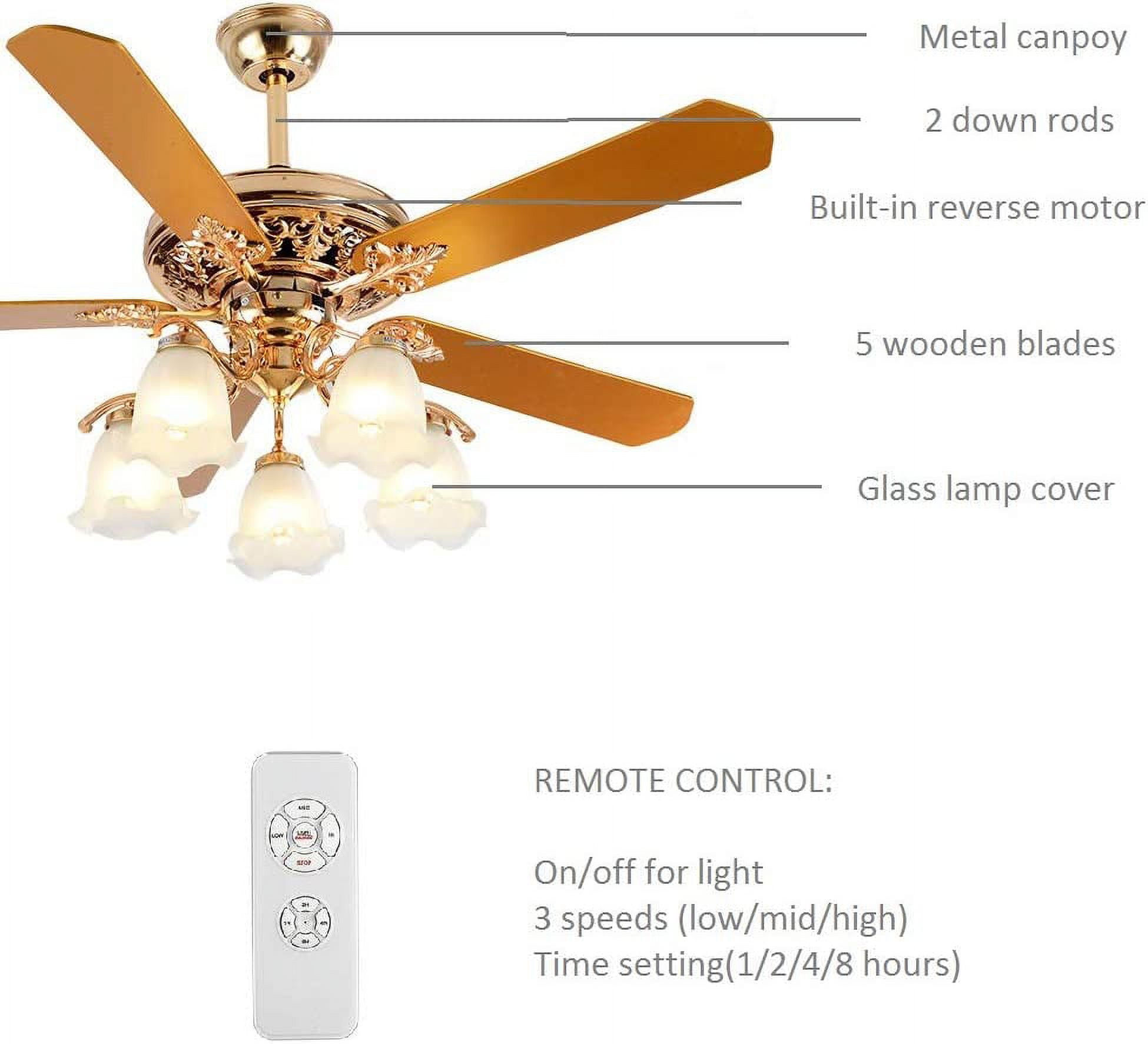 DENEST 52 Inch Gold Ceiling Fan with LED Light and Remote Control,Creative Design Chandelier Fan Light with 5 Wood Reversible Blades 5 Frosted Glass Lampshades,Quiet Motor