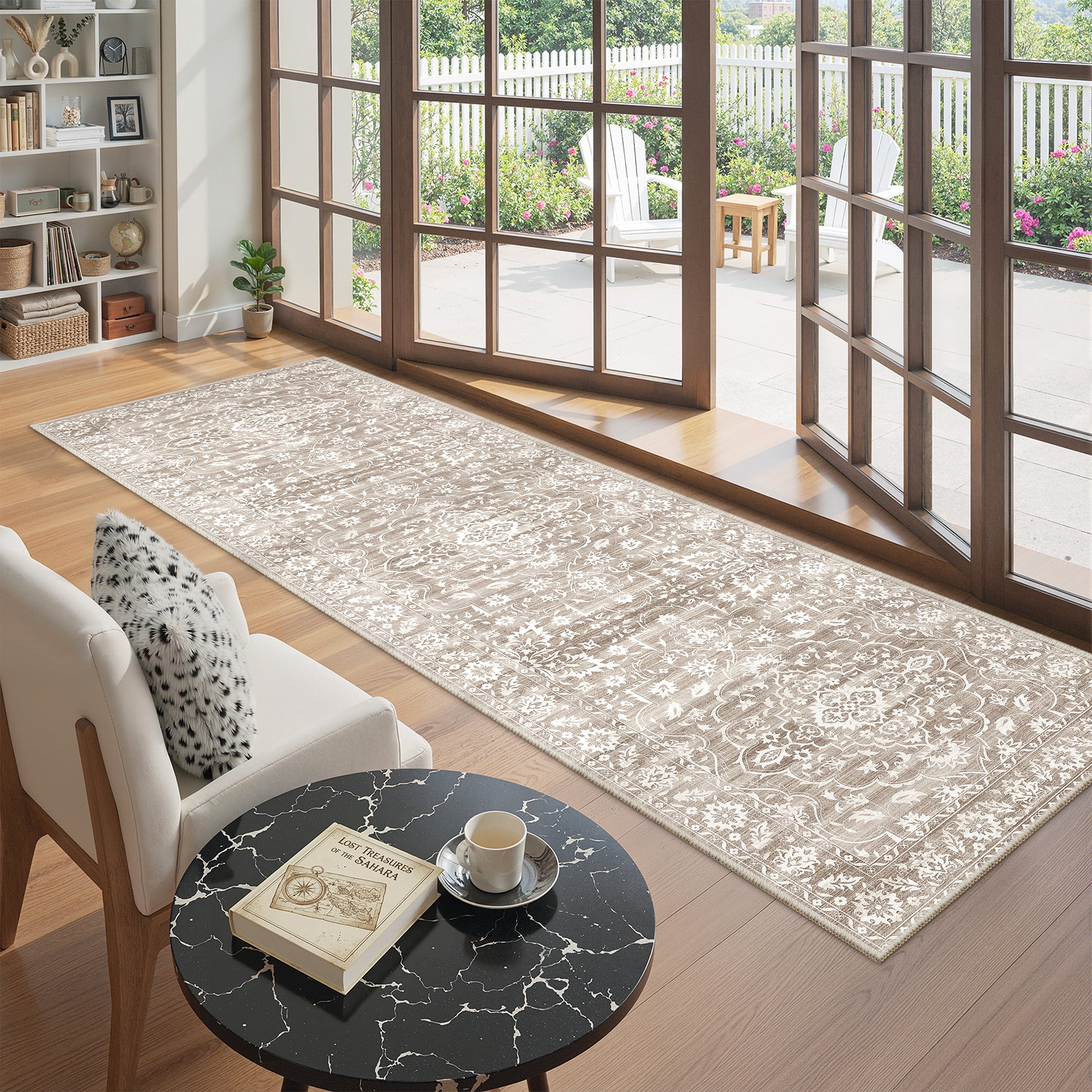 Roxstand Washable Runner Rug 2'6x8, Stain Resistant Floral Vintange Kitchen Rugs, Non-Slip Thin Hallway Runner Rug for Entryway Laundry(2'6x8', Brown)