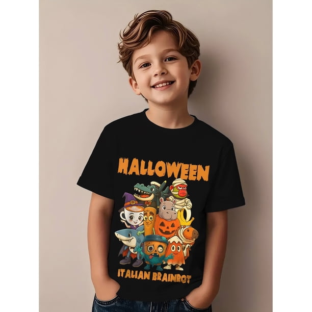 Halloween T-shirt Kids' Italian Brain Rot Halloween Party T-Shirt - Funny Italian-Themed Horror Comedy Design with Brain Rot Characters, Italian Brainrot, Italian Brainrot Toy, Halloween Zombie Kids,