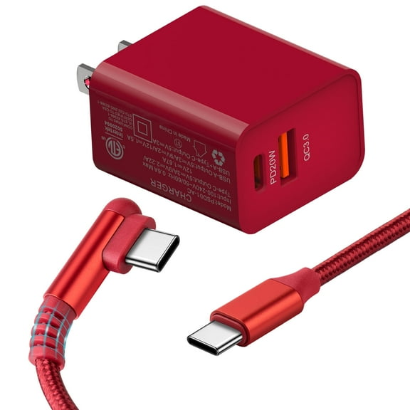 ROFICORD 20W Dual-Port Type C/USB A QC3.0 Fast Charging Wall Charger with Type-C to Type-C Right Angle 90 Degree Cable   6ft Red Compatible with iPhone 15/16 Series, Galaxy, Note, Pixel, iPad and Mor