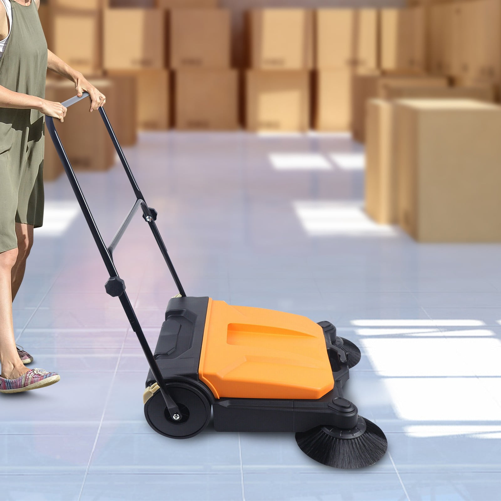 26" Black+Orange Manual Hand Push Sweeper Moder Hand Push Floor Sweeper for Garages Courtyards Offices