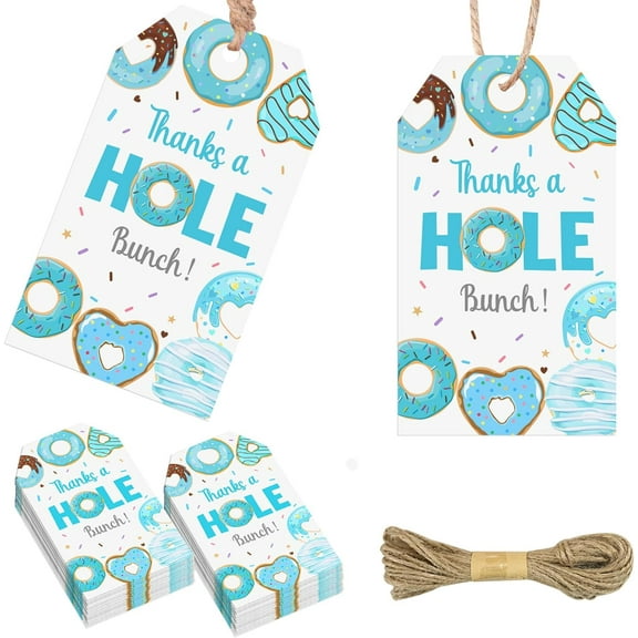 50Pcs Blue Donut Thank You Tags with Thanks a Hole Bunch Sign, Sprinkle Candy Goodie Paper Tags for Boys Baby Shower Birthday Party Favors, Gift Wrapping Decoration Supplies