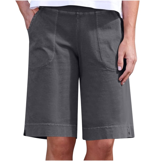 Shorts en Lin pour Femmes Bermuda Décontracté Shorts Longs Taille Haute Shorts d'Été avec Poches