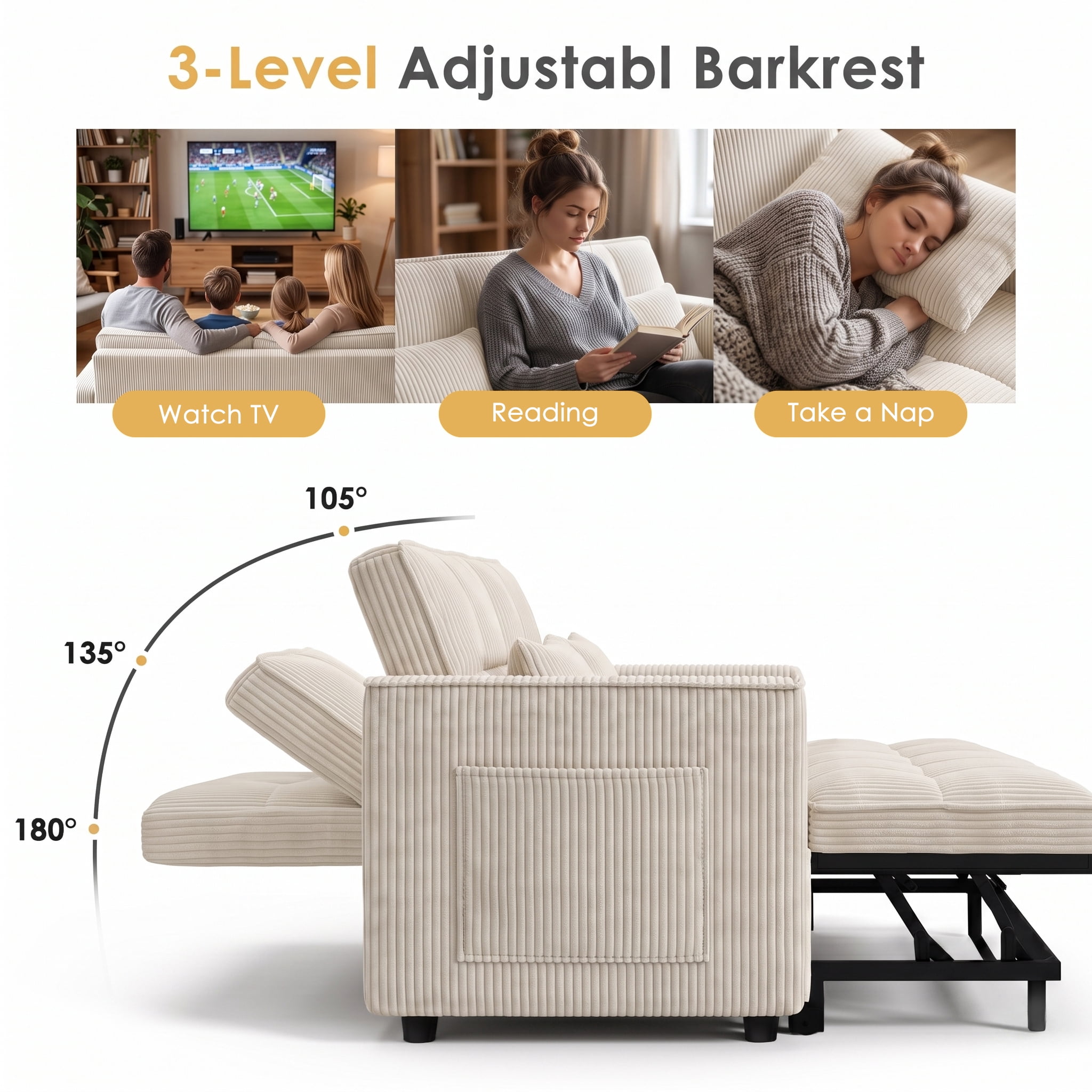 ShiKeyi 54" Corduroy Convertible Sofa Bed, 3 in 1 Pull Out Sleeper Sofa, Loveseat Couch with Storage Pocket, Beige