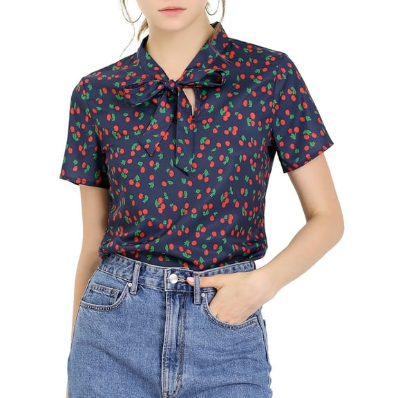 Allegra K Women's Short Sleeve Tie Bow Neck Printed Blouse
