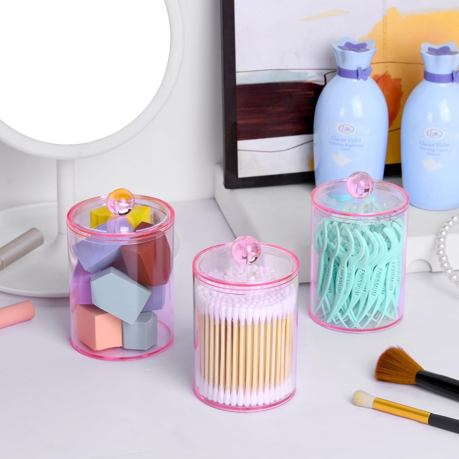 Kiibsot 2 Pack/ 4Pack Qtips Holder, Canister Apothecary Jar Set, Bathroom Jars with Lids Set for Cotton Swabs, Balls, Pads, Floss Picks,10oz-12oz Plastic Canisters Restroom Bedroom Vanity Organizer