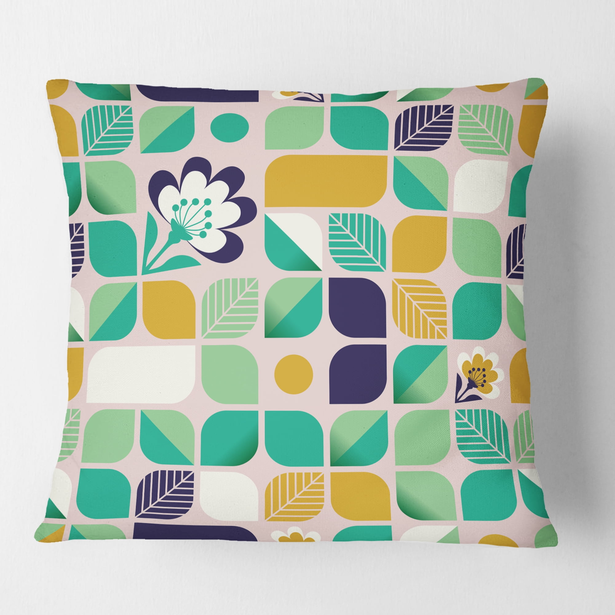 Designart geometric pattern with leaves and flowers' Mid-Century Modern Throw Pillow - 18x18
