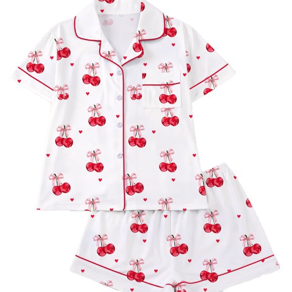 PMVFHDE Women Printed Pajama Set With Notched Collar Short Sleeve Top And Shorts For Home Wear Cozy Sleepwear Lightweight Breathable Comfort White,XXL