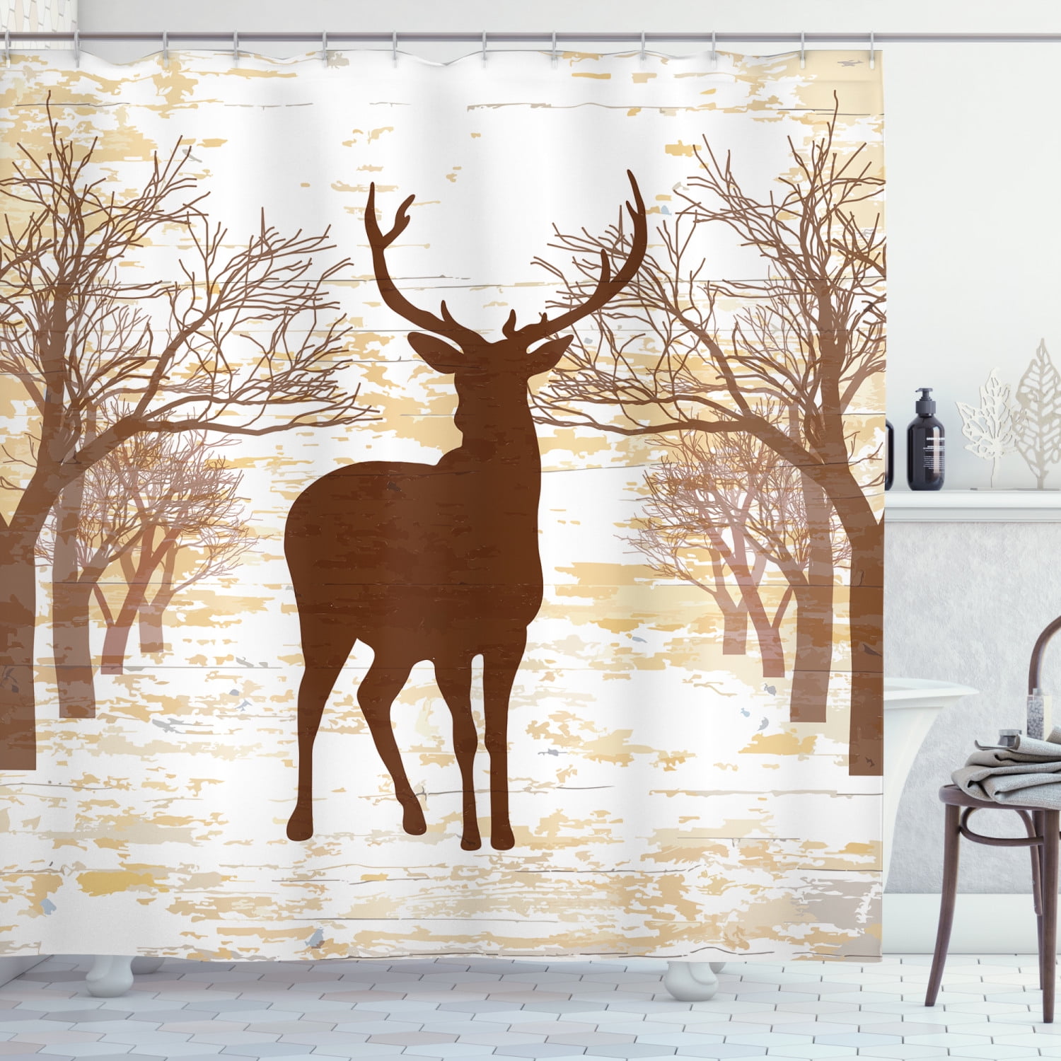 Deer Hunting Shower Curtain, Vintage Reindeer in Forest Rustic