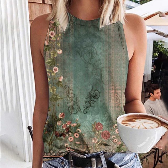 ICHUANYI Clearance Women's Sleeveless Summer Casual Tops Round Neck Printing Sleeveless Vest Tops(Green, XXL) ICHUANYI WER2023081506149