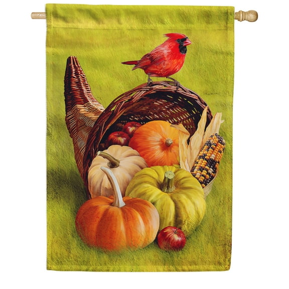 America Forever Thanksgiving Cornucopia House Flag 28 x 40 inch Double Sided Cardinal Fall Bounty Autumn Harvest Pumpkins Outdoor Yard Decoration