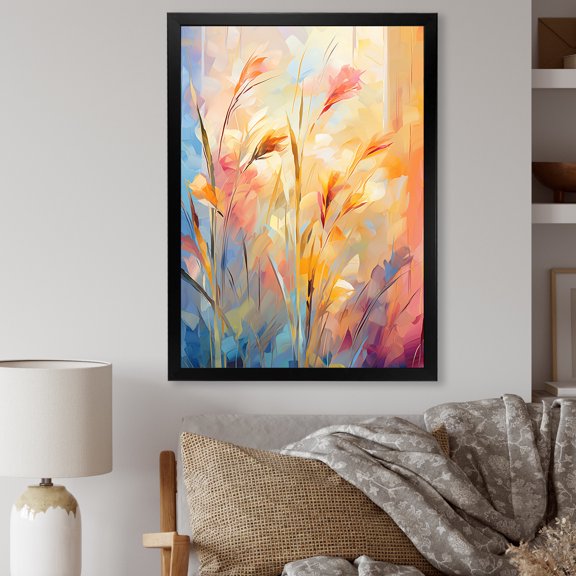 Designart "Breezy Meadows in Yellow and Pink II" Landscapes Framed Wall Art - Traditional Yellow Meadow Entryway Framed Wall Art