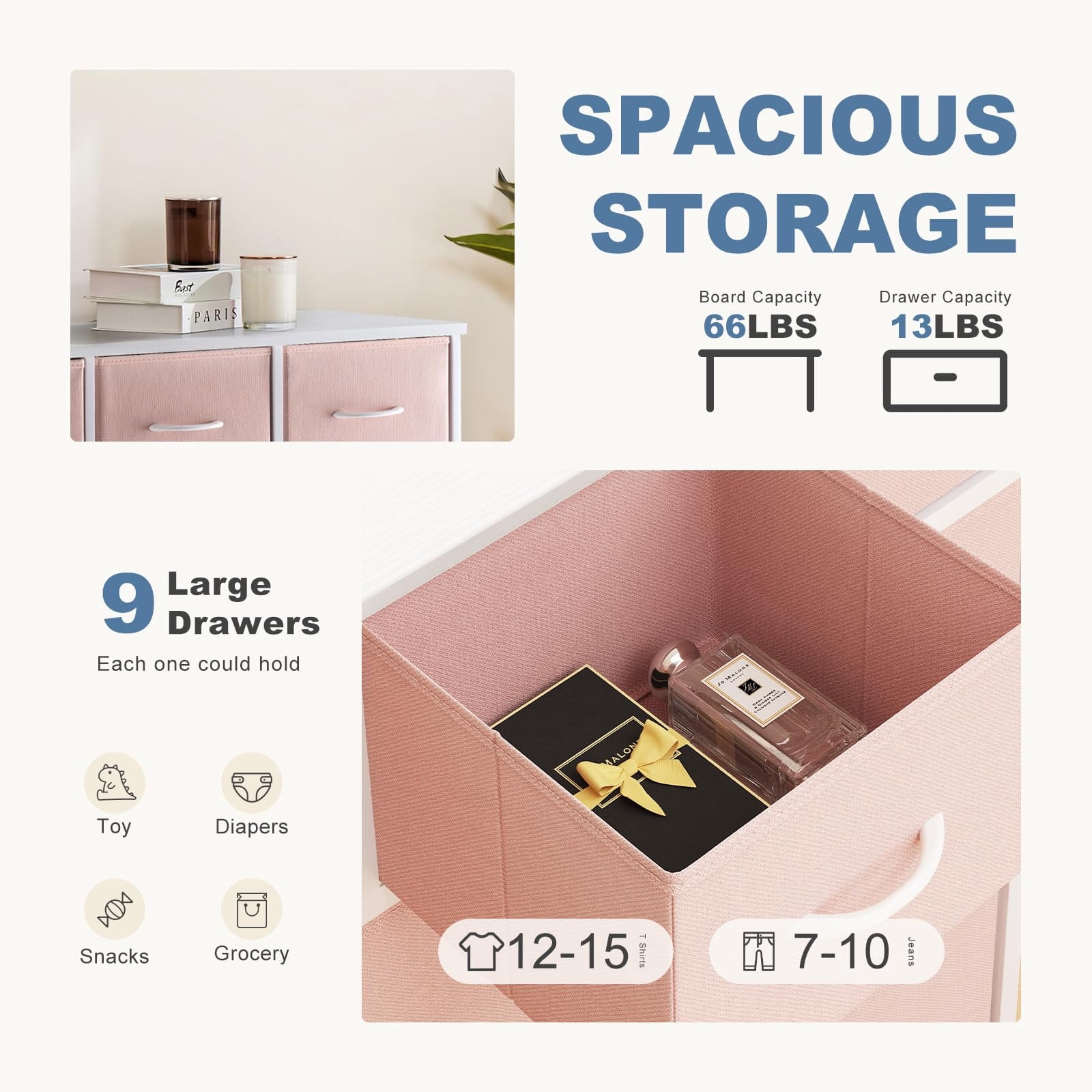 Telyra 9-Drawer Fabric Dresser Tall Storage Tower with Wood Top and Steel Frame Bedroom Closet Organizer, Pink