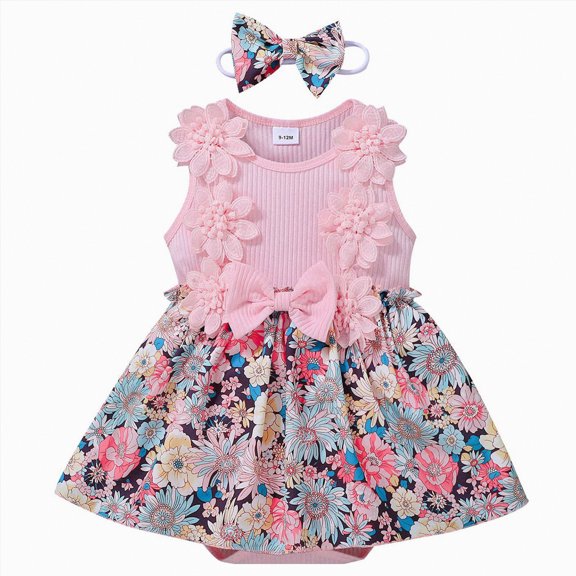 enyan Baby Girl Summer Clothes Newborn Romper Dress Infant Lace Ruffle Sleeveless Outfits with Headband,Pink,9-12 Months