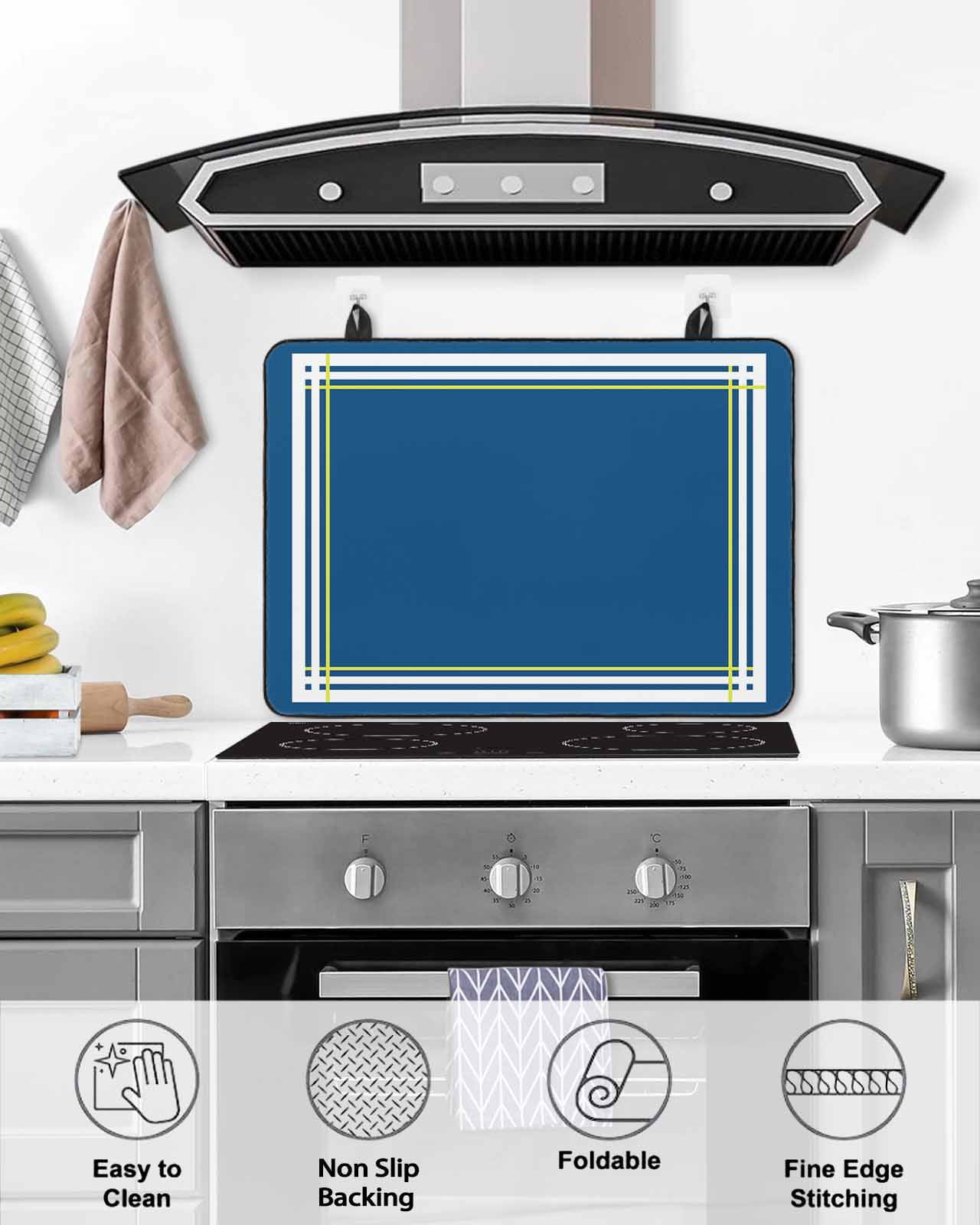 nqOlkjepod Large Induction Cooktop Protector Mat 24"x21", Navy Blue Line Stove Top Covers for Electric Stove, Farmhouse Simple Blue Striped Decorative Stove Burner Cover Mats, Glass Top Stove Cover