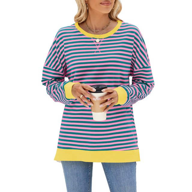 Wangsaura Sweat-Shirt Rayé Surdimensionné pour Femmes, Col Rond, Manches Longues, Pull Décontracté, Automne Hiver