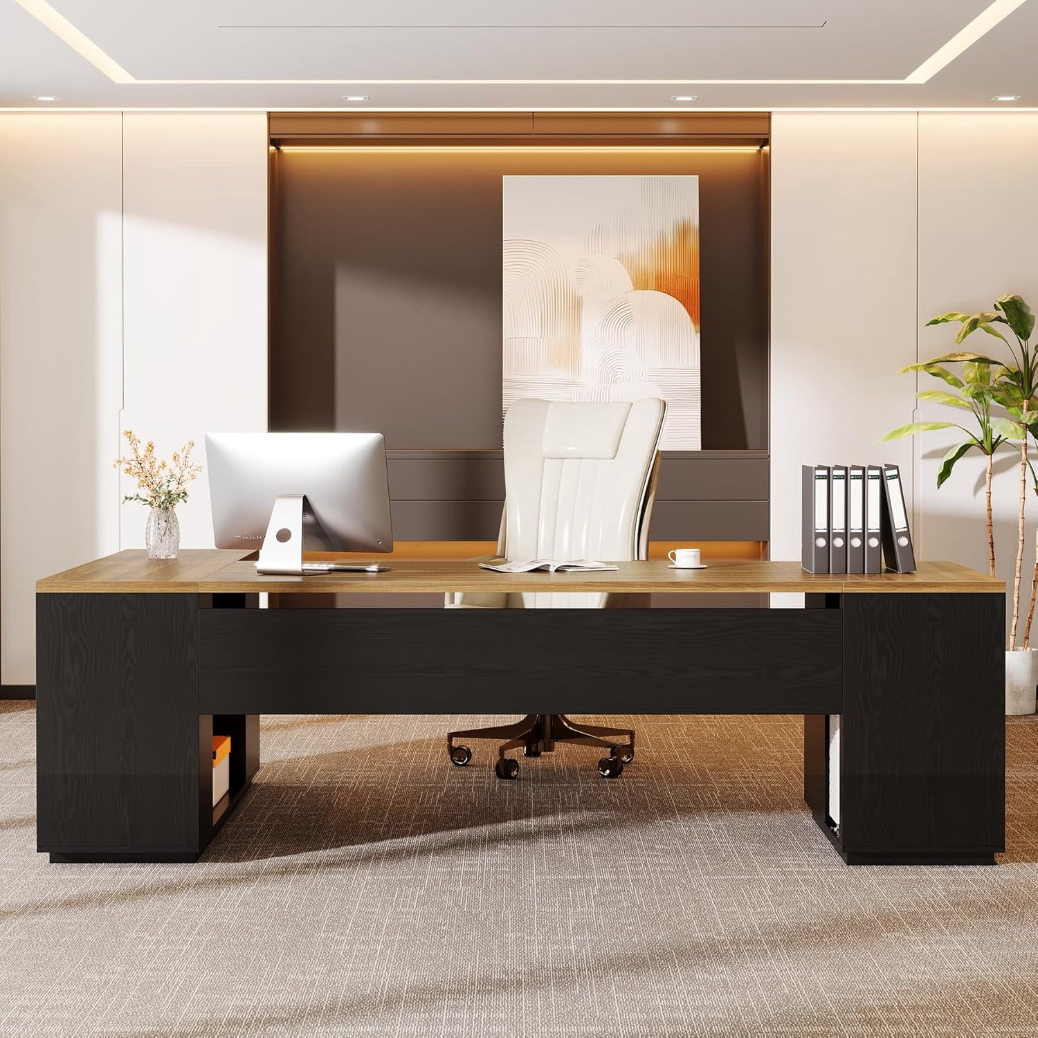 Tribesigns 85.8-Inch L-Shaped Executive Desk, Extra Large Modern Office Desk with File Drawers, Door Cabinet & Shelves, Brown&Black