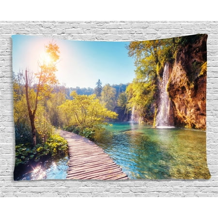Two Grey Hills Tapestry Nature Tapestry, Idyllic Lake with Waterfall Flowing down the Hills in National Park Autumn Scenery, Wall Hanging for Bedroom Living Room Dorm Decor, 60W X 40L Inches, Multicolor, by Ambesonne ()