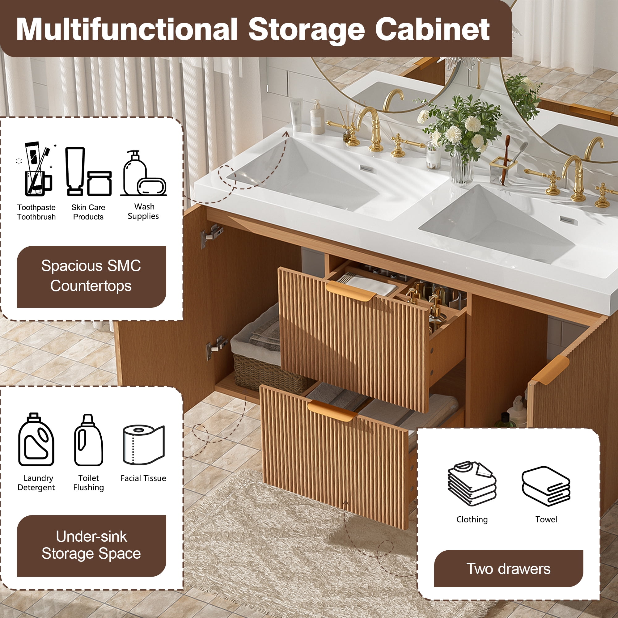 Harper & Bright Designs 47.24'' Fluted Bathroom Vanity with Double Ceramic Sink, Wall-Mounted Bathroom Sink Storage Cabinet with Doors & Drawers, Freestanding Bathroom Vanity Cabinet with Sink, Wood