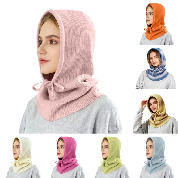 XIAOCHA Snug Balaclava for Women,Drawstring Rib‑Knit Fall‑Winter Outdoor Hoodhat,Pink