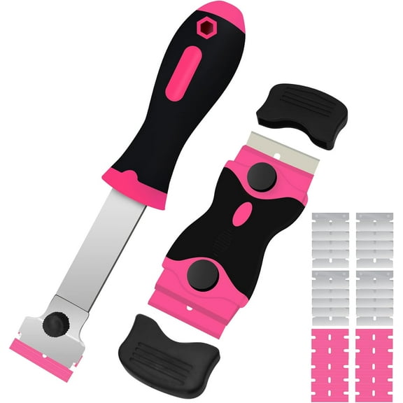 DEKEones Razor Blade Scraper, 2 PCS Razor Scraper Tool for Removing Label, Registration Sticker, Tint, Grease from Windshield, Appliance, Glass（Pink）