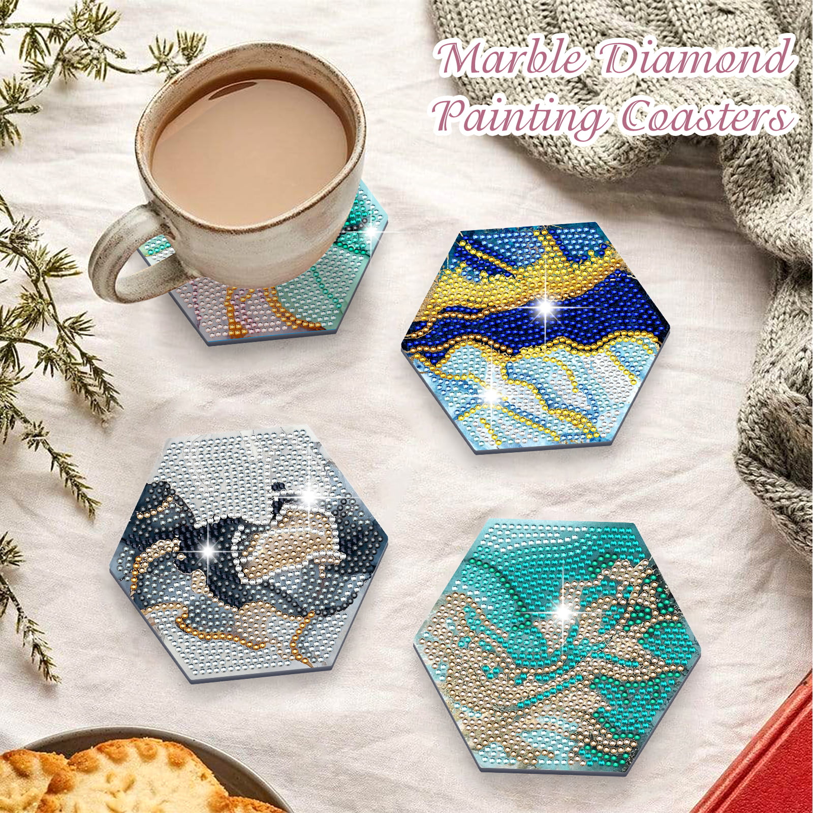 Diamond Painting Coaster With Holder, Abstract Marble Landscape
