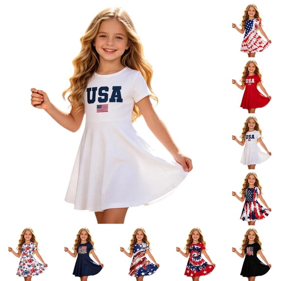 Venzia Girls Ages 3-15 Years Patriotic Dress Short Sleeve Gown Round NeckClassic Easygoing Elegant Blend Celebration Festival Day Events Casual Outings Family Gatherings White L