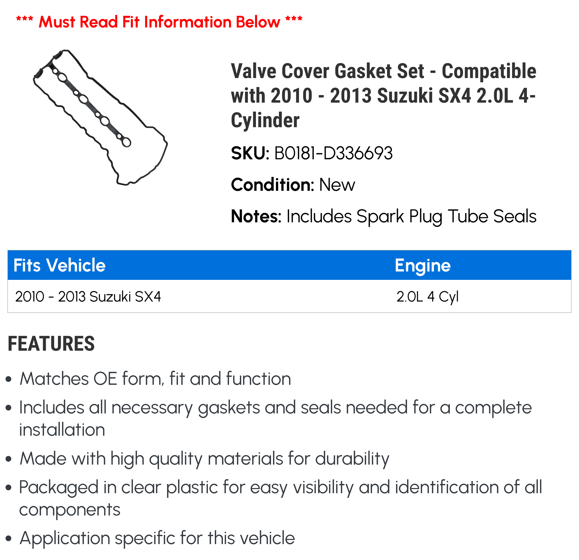 Valve Cover Gasket Set - Compatible with 2010 - 2013 Suzuki SX4 2.0L 4-Cylinder - Beck Arnley