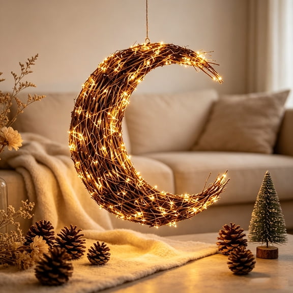 VAJUSO Natural Rattan Crescent Moon LED Wall Hanging Light for Bedroom, 11.81in Handwoven Warm White Fairy Light Wreath, Boho Wall Decor Holiday Gift
