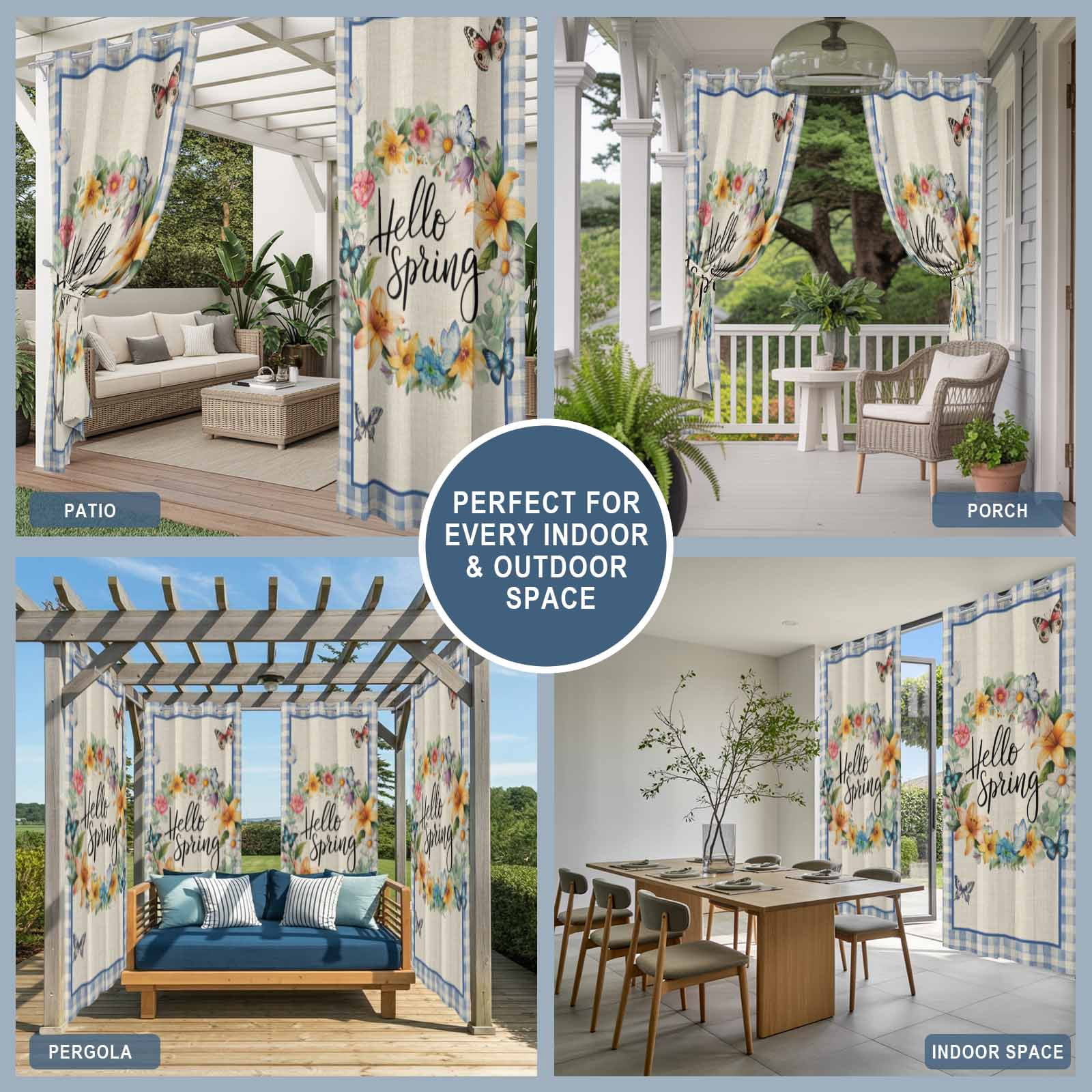 Outdoor Curtains for Patio Waterproof, Hello Spring Windproof Pravicy Outside Porch Blackout Curtain, Farmhouse Floral Eucalyptus Wood Plaid Burlap Sun Blocking Grommets Curtains for Cabana 54"x108"