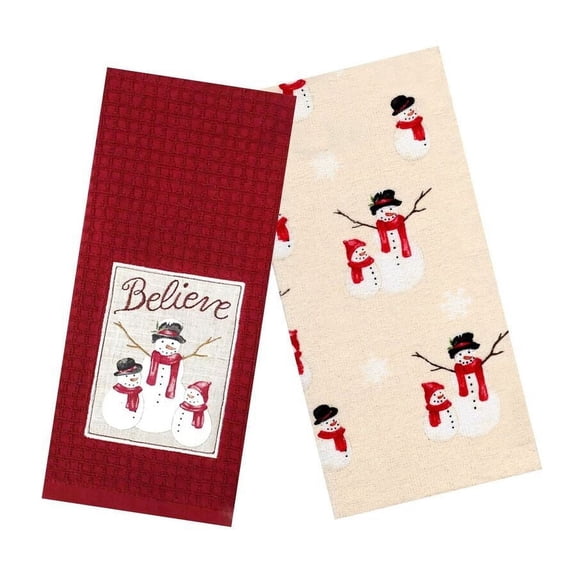 St. Nicholas Square Kitchen Towels, Waffle Snowman Design 2 Piece Cotton Set for Christmas Holidays
