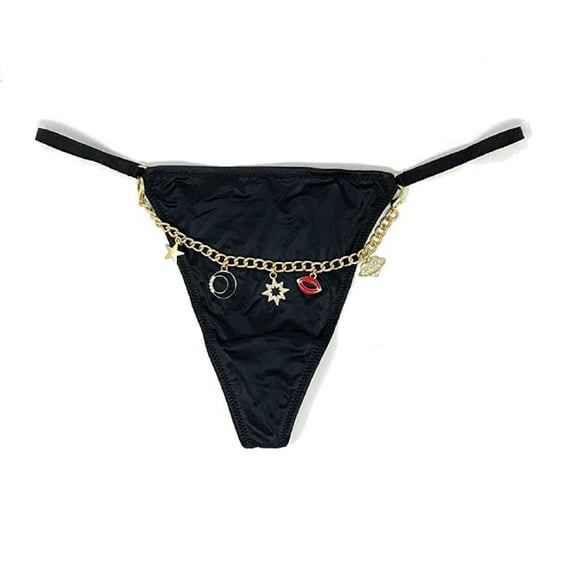 Victoria's Secret Very Sexy Shine Black Gold Charms V-String Thong Panty Size X-Small NWT