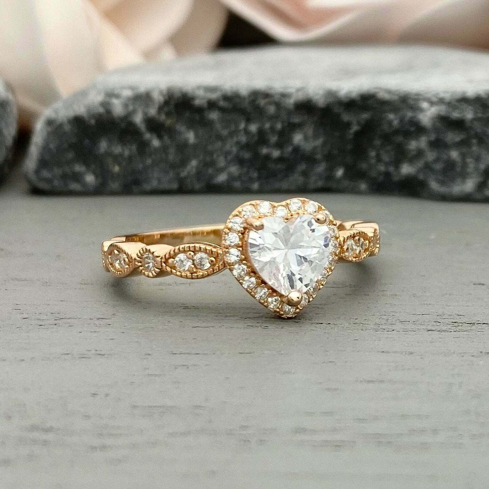 HeartsAndYou 1.4ct Engagement Ring for Women Heart Cut Moissanite Halo Design 18k Yellow Gold Over Silver