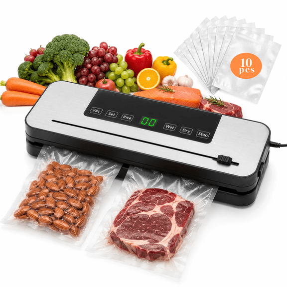 Food Vacuum Sealer Machine, 8-in-1 Multifunction, 10s Fast Sealing for Dry & Moist Food, Compact Design with Built-in Cutter & 10 Vacuum Bags,White