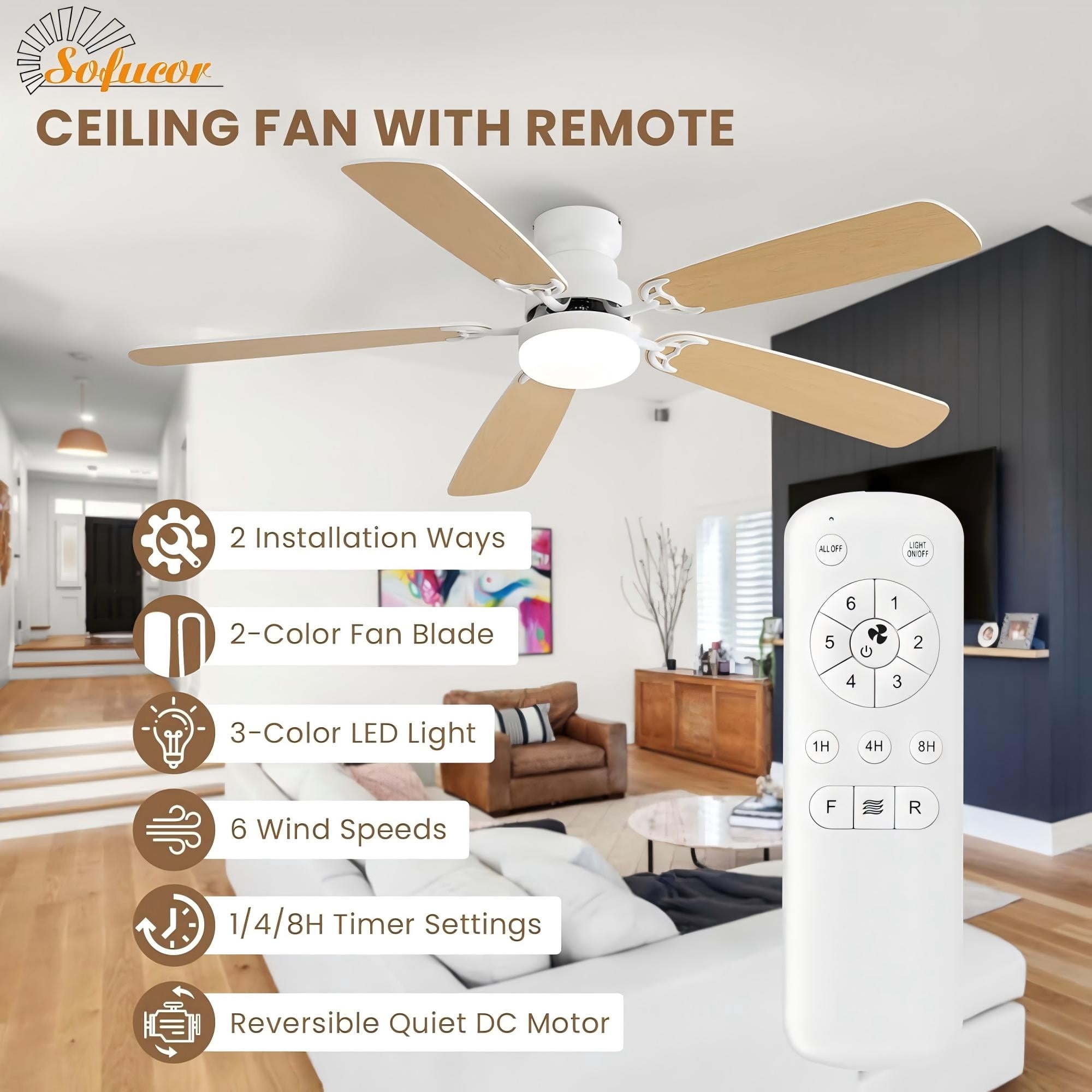 Sofucor 52-Inch Modern Ceiling Fan with LED Light and Remote