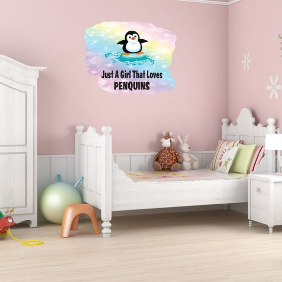 Watercolor Decal Just A Girl That Loves Penguins Living Room Wall Decal for Family Flightless Bird Colorful Background Art Cute Themed Room Décor - Size: 10 In x 8 In
