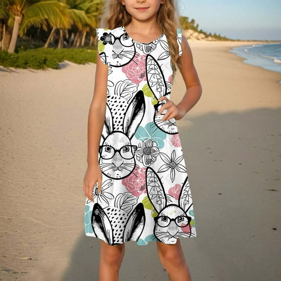 AUNVITO 2025 Easter Children Clothing Toddler Girls Dress Summer Ruffle Sleeve Sundress Outfit for Kids 4-14T