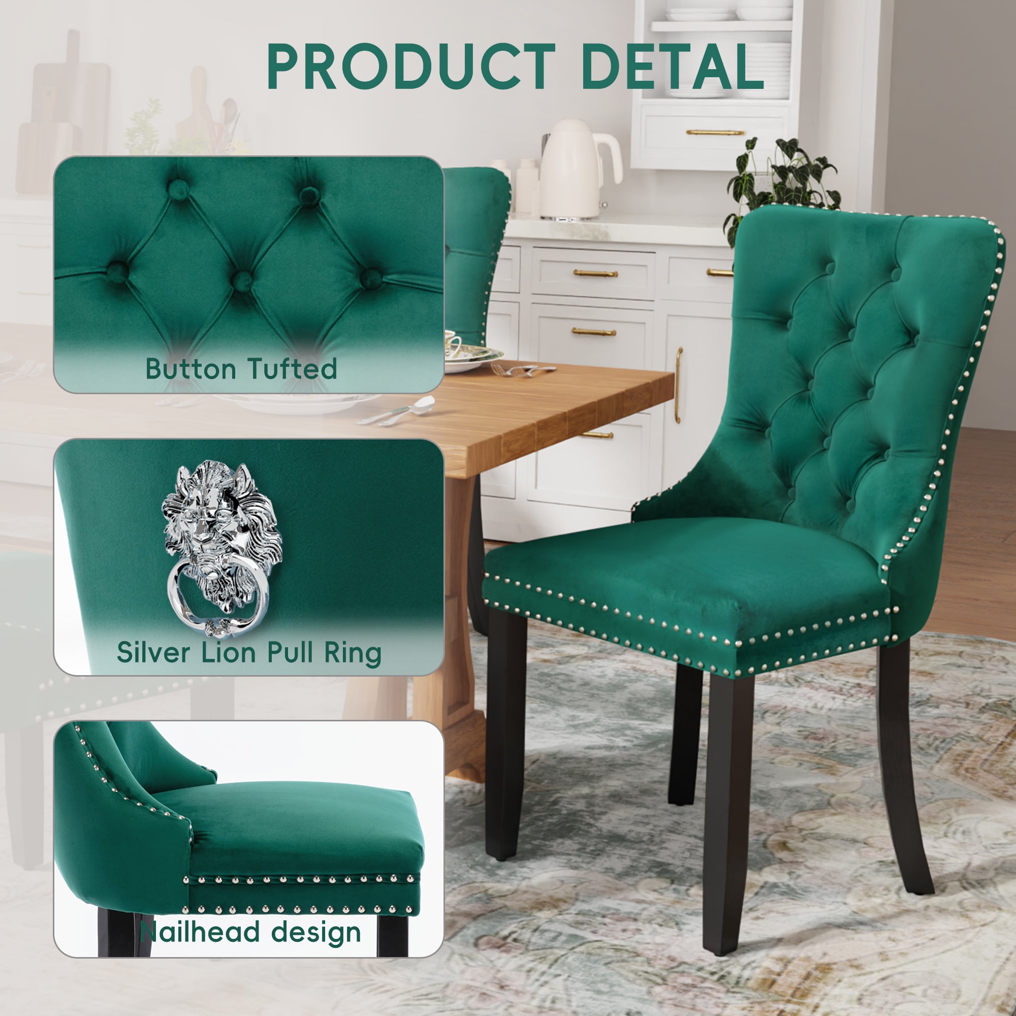 DONICK Velvet Upholstered Dining Chairs , Kitchen & Dining Room Chairs, Nailheads Tufted, Soft, Solid Wood Frame (Green, Set of 4)
