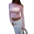 thumbnail image 1 of Fortune Women Basic Slim T-Shirts Solid Long Sleeve Ruched Off Shoulder Crop Top, 1 of 7