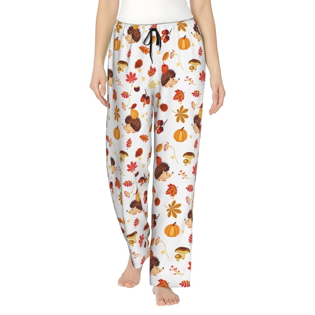 Fotbe Autumn Maple Leaf with Hedgehog Pantalones de Pijama para Mujer, Pantalones de Dormir, Pantalones Pj con Cordón y Bolsillos-Medium