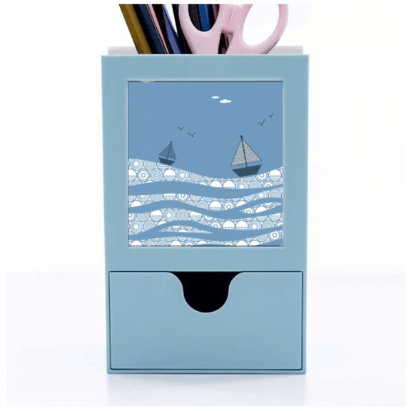 Sea Wave Boat Landscape Cloud Illustration Desk Supplies Organizer Pen Holder Card