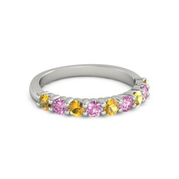 925 Sterling Silver Round 2.50 MM Citrine Pink Spinel Half Eternity Women Ring