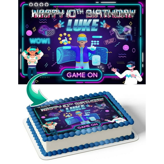 SugarMeLicious Virtual Reality Gamer Edible Cake Image Topper – Personalized 1/4 Sheet Birthday Cake Banner,  VR Metaverse Gaming-Themed Edible Cake Decoration for Parties