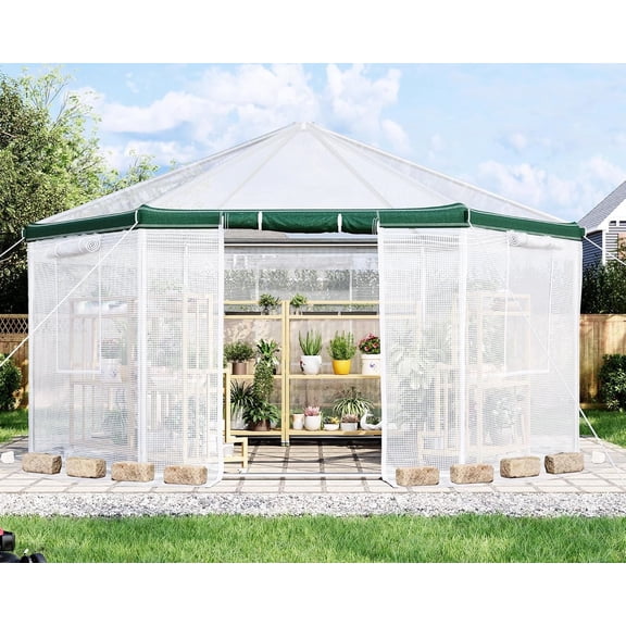 Jocisland 13.5x13.5x9 ft Hexagonal Walk-in Greenhouse for Outdoors, Heavy-Duty Greenhouse with Windbreak Ropes, PE Cover for Garden, White/Green