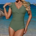 thumbnail image 2 of WAYUTE One Piece Swimsuit Women V Neck Rash Guard Stretch Comfort Fit Lace Up Ruffle Solid Color Tummy Control Swimwear, 2 of 5
