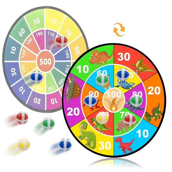 TiokMc Kids Double-Sided Dart Board 28.74" with 20 Sticky Balls, Dinosaur-Themed Indoor & Outdoor Game for Boys & Girls, Promotes Hand-Eye Coordination & Motor Skills