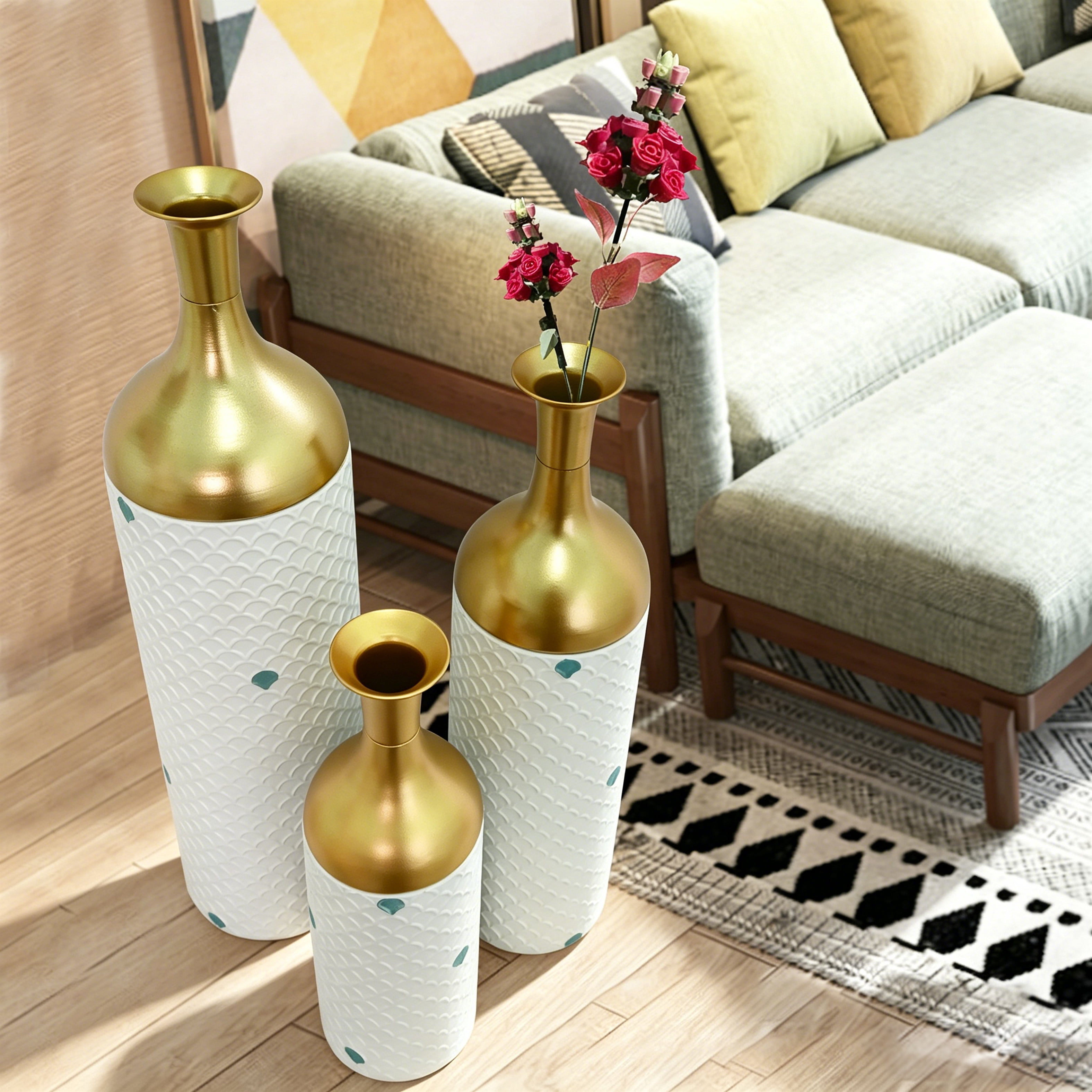 Metal Floor Vases Set of 3 with Leaf Pattern, Tall Decorative Vases and Home Decor Accents for Living Room Entryway, White and Gold