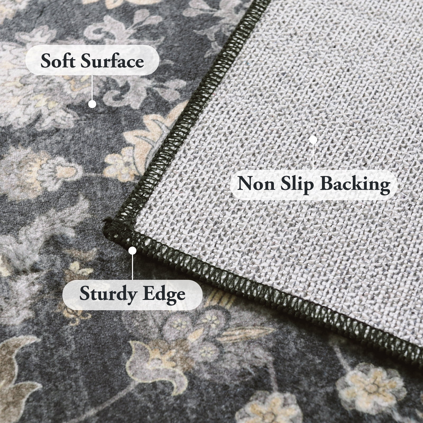Lahome Decor Floral Area Rug 6'x9', Machine Washable Rugs for Living Room, Non Slip Rug with Vintage Printed, Low Pile Carpet for Bedroom Dining Room Home Office, Black