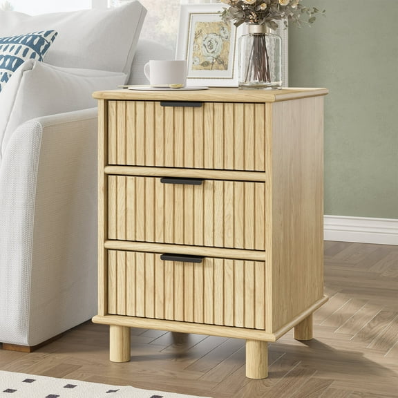 Swedhaus Fluted Nightstand for Bedroom,Wood Bedside Table with 3 Drawers,Wide Storage End Table for Home Living Room