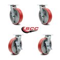 thumbnail image 2 of 8 Inch Red Poly on Cast Iron Swivel Caster Set with Roller Bearing 2 Brake SCC, 2 of 2